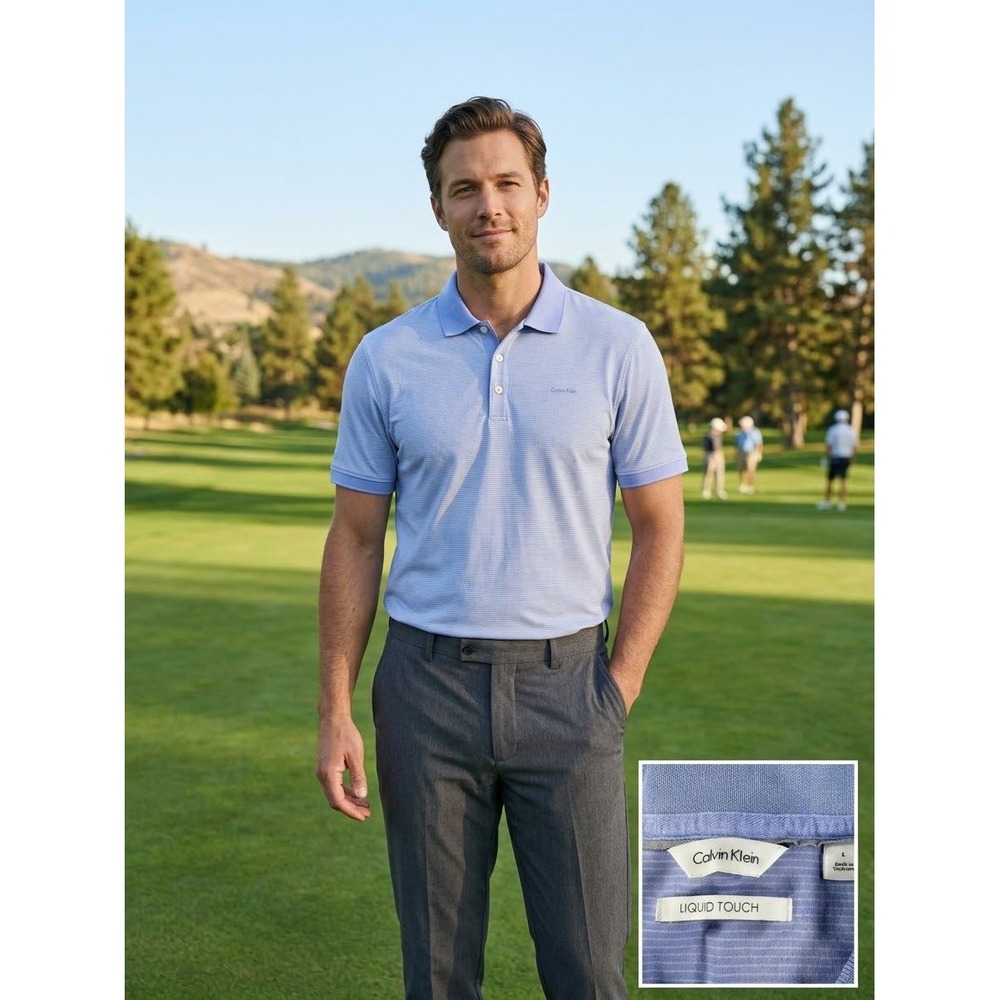 Calvin Klein Mens Liquid Touch Polo Shirt Blue White Micro Stripe Large L SS